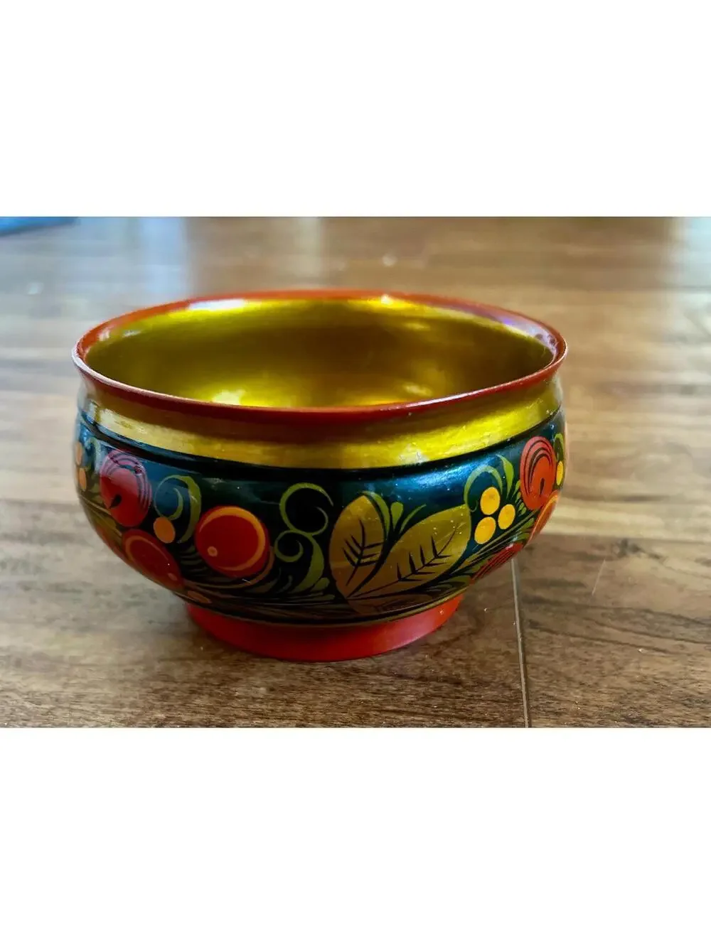 RUSSIAN SOVIET USSR LACQUER BOWL - FLORAL - GOLD, BLACK, RED